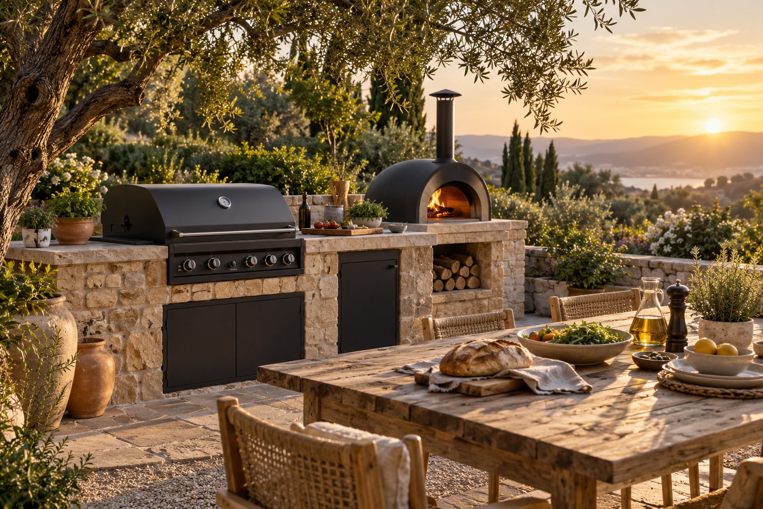 Buitenkeuken met barbecue en pizzaoven in een groene tuin bij warm avondlicht