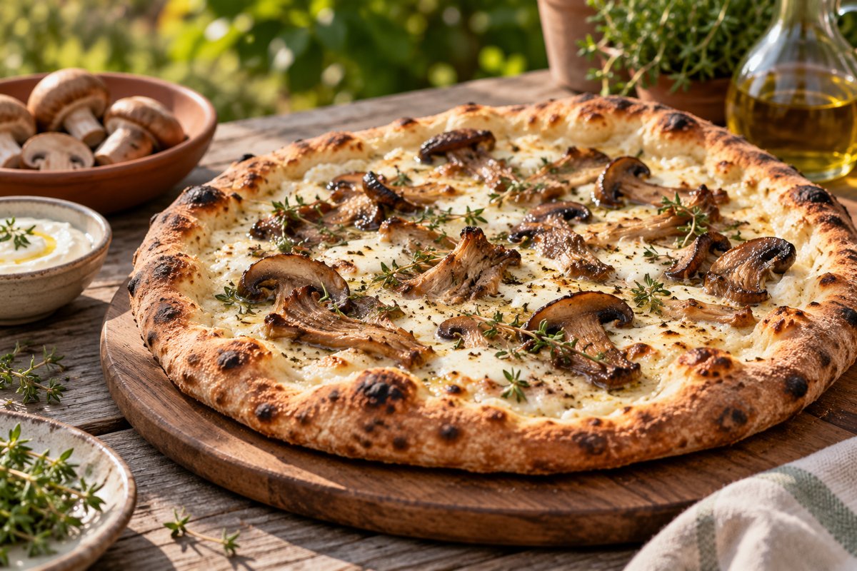 Witte pizza met paddenstoelen